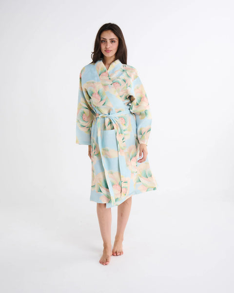 big beauty floral blue linen robe