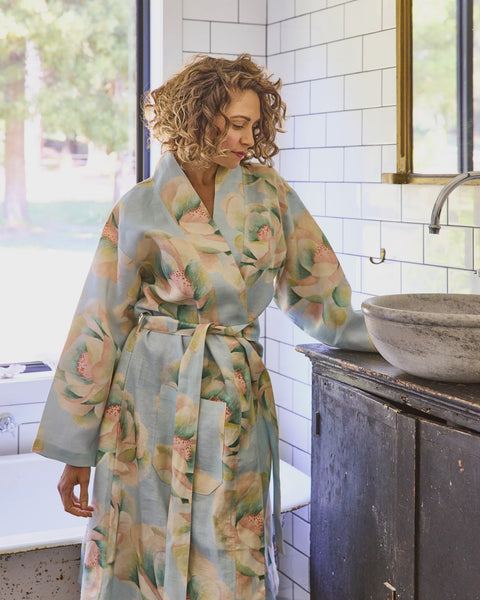 big beauty floral blue linen robe