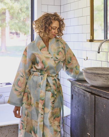 big beauty floral blue linen robe