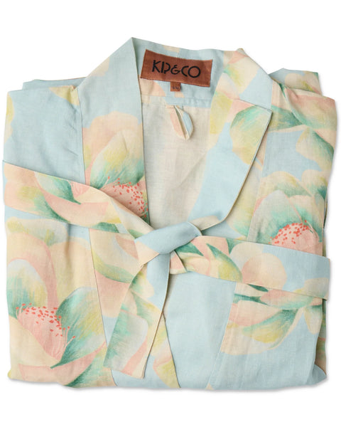 big beauty floral blue linen robe